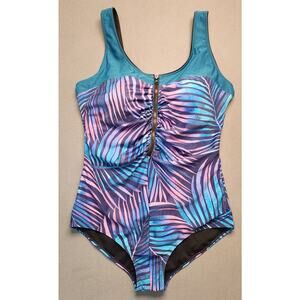 Aquamore One‎ Piece Swimsuit Size 16 Front Zip Ombre Palm Chlorine Resistant